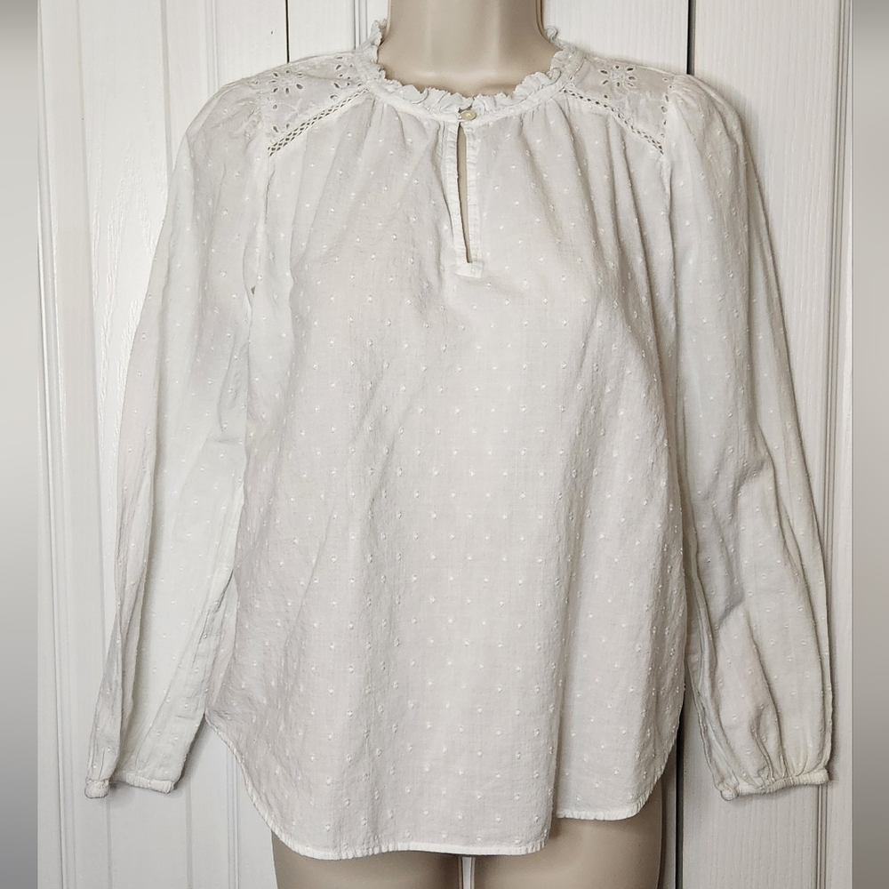 Loft white Cotton long sleeve Top - Size Small Petite eyelet lace polkadot